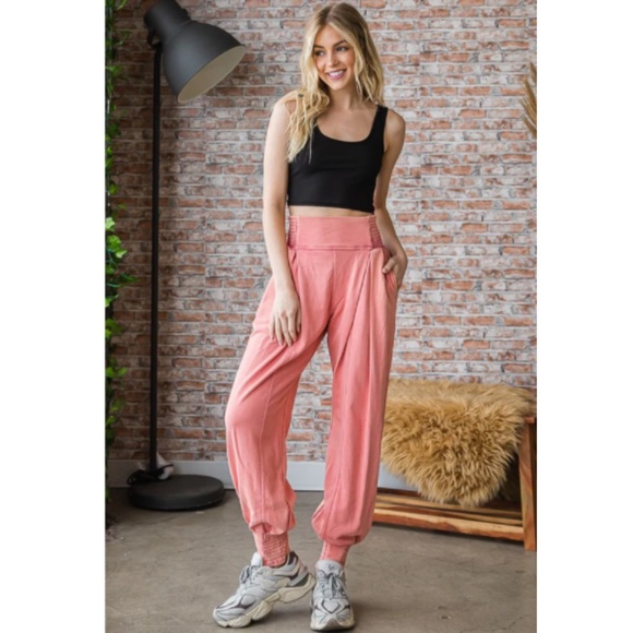 "The Deidra" Coral Smocked Waist Pleated Joggers - Picture 1 of 5